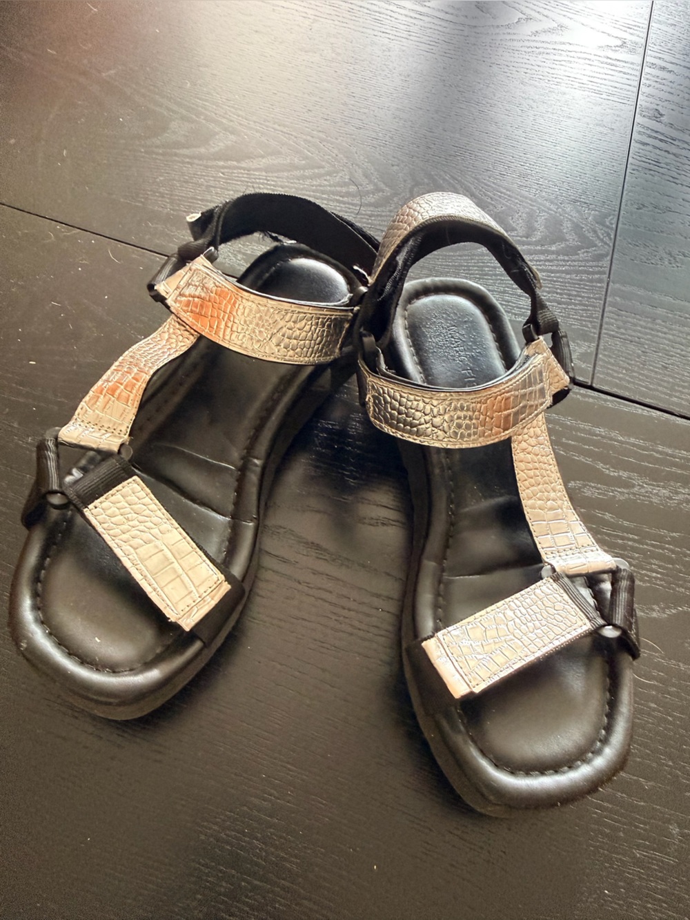 Marc Fisher Black Sandals with Metallic Croc-Embossed Straps